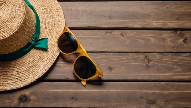Summer holiday vacation travel tropical sea banner panoramic greeting card - straw hat, pineapple sunglasses and palm tree leaves, on wooden table, wooden texture background. AI generated