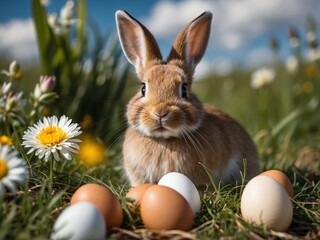 Wall Mural - A cute rabbit sits in the green meadow beside colorful eggs with flowers. Easter bunny with eggs 