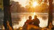 senior couple sitting in summer near lake during sunset