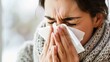 Sick Woman.Flu.Woman Caught Cold. Sneezing into Tissue