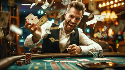 Wall Mural - Celebrating Jackpot, Joyful Man Triumphs at Poker Table