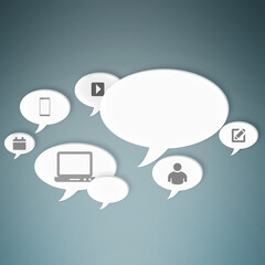 Fototapete - Device, web and connection for internet communication with speech bubble or illustrations and network. Online, mobile and hybrid with technology gadgets for connectivity, dashboard and mockup