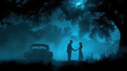 Wall Mural - Night scene, soft moonlight, car man and woman vintage silhouett