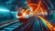 A modern train rushes through a brightly lit tunnel with a dynamic motion blur effect.