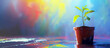 Minimalistic banner with small seed in pot on colorful background. Oil paint artwork.