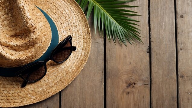 Summer holiday vacation travel tropical sea banner panoramic greeting card - straw hat, pineapple sunglasses and palm tree leaves, on wooden table, wooden texture background. AI generated