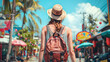 Woman Traveling in Tropical City of Thailand with Backpack and Hat