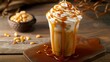Iced caramel latte topped with whipped cream and caramel sauce