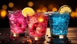 exotic, colorful cocktails arranged on a nightclub counter.The cocktails exude a tropical, refreshing vibe, enticing patrons to indulge in the lively atmosphere of the bar.