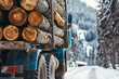 Blue logging truck carrying a large load of logs