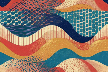 Fototapete - Seamless groovy wavy pattern with risograph effect.geometric collage. Minimalist retro texture. 