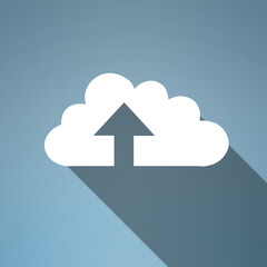 Poster - Cloud computing, graphic and arrow for upload for data science, information technology and art on blue background. Networking, storage icon and futuristic it for digital expansion with connectivity