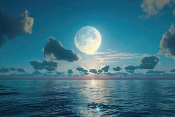 Wall Mural - bery large full blue moon rises over a calm ocean scene.