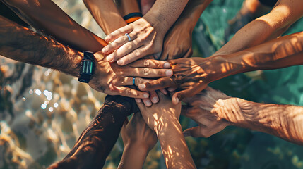 Wall Mural - Stack of hands showing unity and teamwork. Cropped close of dive