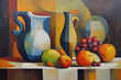 Abstract oil painting of still life with pitcher and fruits