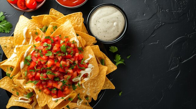 nachos with red tomato sauce, garlic mayo sauce and cheese sauce over black background