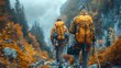 Two hikers with backpacks exploring mountain landscapes