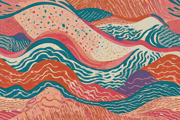 Fototapete - Seamless groovy wavy pattern with risograph effect.geometric collage. Minimalist retro texture. 