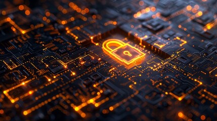 Poster - abstract digital background with yellow glowing lock symbol and binary code on dark hologram compute