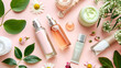 Stylish Flat Lay of Cosmetic Products and Flowers on Pink Background