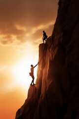 Wall Mural - silhouette of togetherness of two person to make it to the top of mountain 