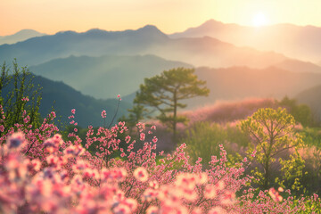 Spring scenery in korea, flowers in the foreground