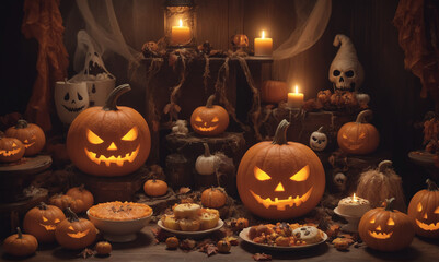 Sticker - Trick or treat party and Pumpkin Jack-O-Lantern surrounded by halloween decor