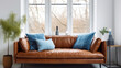 Brown shaggy leather sofa with blue pillows near window. Scandinavian home interior design of modern living room Generative AI