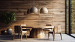 Round wooden slab dining table and chairs around it against barn wood board paneling wall. Japandi interior design of modern dining room Generative AI