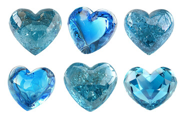 Set of blue color heart shape diamond gemstone isolated on a transparent background, Generative AI