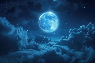 Wall Mural - dramatic nighttime clouds and sky with beautiful full blue moon .