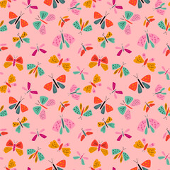 pink butterfly pattern. cute childish flying insect repeat background, vector summer textile design.