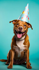 Sticker - Dog wearing birthday party hat and has its tongue hanging out.