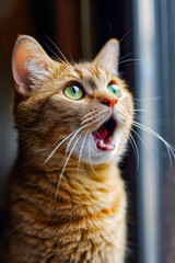 Canvas Print - Cat with its mouth open and green eyes looking upwards.