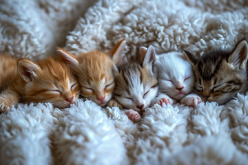 Wall Mural - Four kittens sleeping together on blanket.