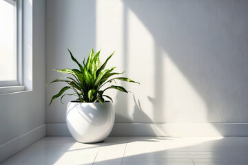 Sticker - Potted green plant sits in corner of room with bright sunlight streaming through window onto the plant creating visually appealing contrast between the plant and its surroundings.