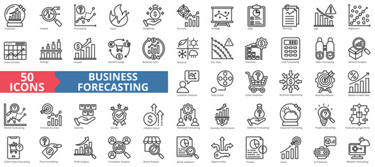 Poster - Business forecasting icon collection set. Containing prediction, analyze, data, trend, budgeting, accuracy, strategy icon. Simple line vector.