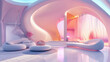 Interior in pink and blue pastel colors. Futuristic unusual simplified style. Arch, platforms for objects, designer sofa. Rounded shapes, steps and vases.
