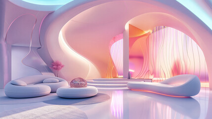Wall Mural - Interior in pink and blue pastel colors. Futuristic unusual simplified style. Arch, platforms for objects, designer sofa. Rounded shapes, steps and vases.
