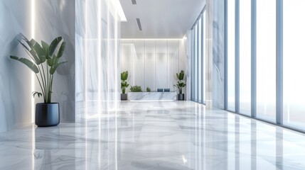 Luxury hotel reception hall with white marble and glass wall, 3D rendering, generative AI