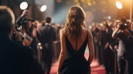 Famous celebrity with beautiful hair and dress, walking and posing, being photographed by crowd of paparazzi photographers at red carpet event. 