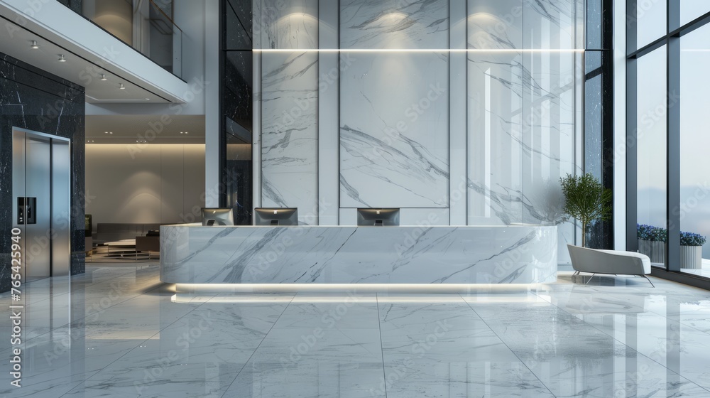 Luxury hotel reception hall with white marble and glass wall, 3D ...