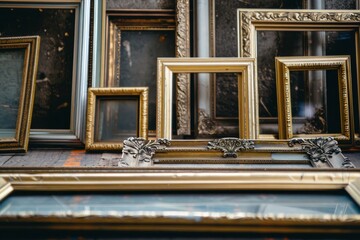 Assorted Baroque Vintage Frames Against A Wall. A collection of empty vintage picture frames against a textured wall, presenting a variety of sizes and ornate designs