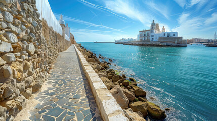 Wall Mural - Seaside Port View: A serene coastal scene with blue skies, calm waters, and a bustling harbor, offering a glimpse of the Mediterranean charm