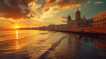 Wall Mural - Sunset over sea, showcasing its iconic architecture and charming cityscape against the backdrop of a fiery sky