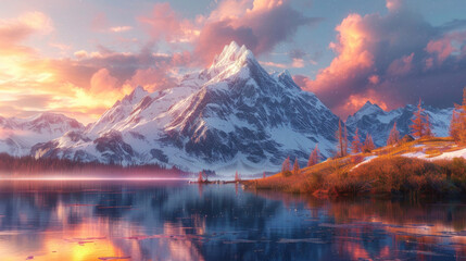 Wall Mural - Spectacular Sunset Scene: Mountains, Lake, and Nature's Beauty