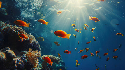 Wall Mural - yellow tang fish swimming in vibrant underwater sea life with colorful coral reef and tropical fishe