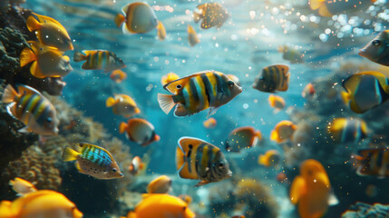 Wall Mural - Yellow tang fish swim in colorful coral reef, showcasing vibrant marine life underwater