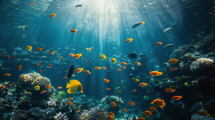 Wall Mural - coral reef with colorful fish swimming in tropical ocean