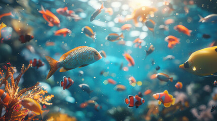 Wall Mural - underwater scene featuring colorful fish swimming in a tropical aquarium